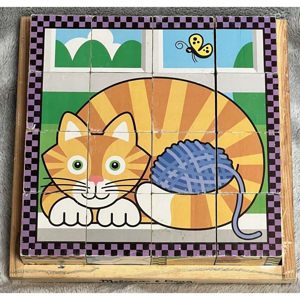 Melissa & Doug Pets Cube Puzzle Wooden Toddler Animals Cat 7” Puzzle With Tray - Picture 1 of 3